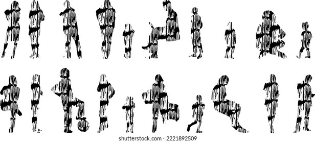 Vector silhouettes, Outline silhouettes of people, Contour drawing, people silhouette, Icon Set Isolated, Silhouette of sitting people, Architectural set	