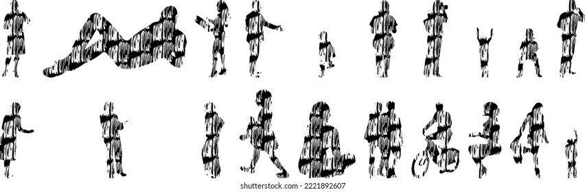 Vector silhouettes, Outline silhouettes of people, Contour drawing, people silhouette, Icon Set Isolated, Silhouette of sitting people, Architectural set	