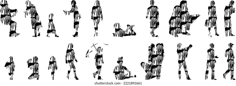 Vector silhouettes, Outline silhouettes of people, Contour drawing, people silhouette, Icon Set Isolated, Silhouette of sitting people, Architectural set	