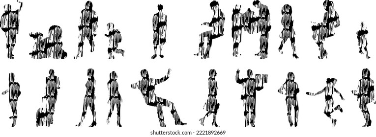 Vector silhouettes, Outline silhouettes of people, Contour drawing, people silhouette, Icon Set Isolated, Silhouette of sitting people, Architectural set	