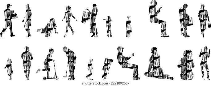 Vector silhouettes, Outline silhouettes of people, Contour drawing, people silhouette, Icon Set Isolated, Silhouette of sitting people, Architectural set	