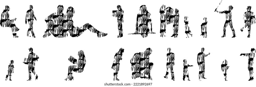 Vector silhouettes, Outline silhouettes of people, Contour drawing, people silhouette, Icon Set Isolated, Silhouette of sitting people, Architectural set	