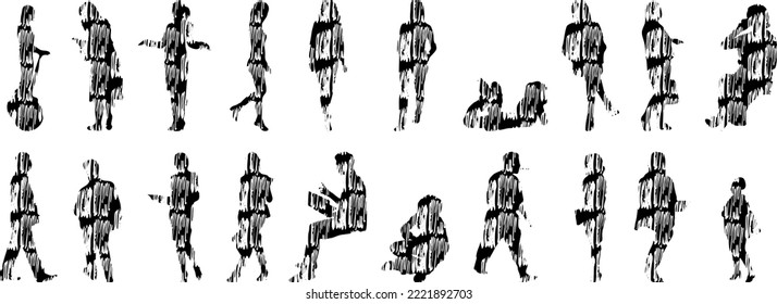 Vector silhouettes, Outline silhouettes of people, Contour drawing, people silhouette, Icon Set Isolated, Silhouette of sitting people, Architectural set	