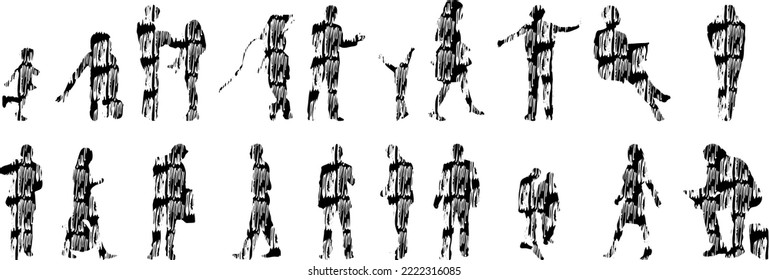 Vector silhouettes, Outline silhouettes of people, Contour drawing, people silhouette, Icon Set Isolated, Silhouette of sitting people, Architectural set	
