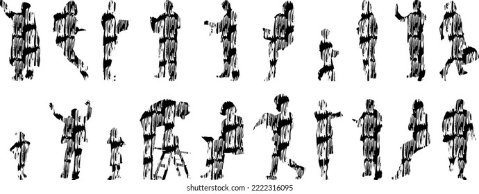 Vector silhouettes, Outline silhouettes of people, Contour drawing, people silhouette, Icon Set Isolated, Silhouette of sitting people, Architectural set	