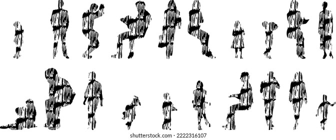 Vector silhouettes, Outline silhouettes of people, Contour drawing, people silhouette, Icon Set Isolated, Silhouette of sitting people, Architectural set	