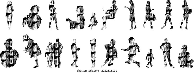 Vector silhouettes, Outline silhouettes of people, Contour drawing, people silhouette, Icon Set Isolated, Silhouette of sitting people, Architectural set	