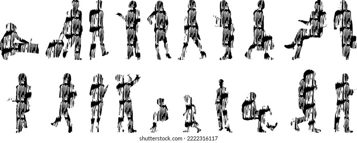 Vector silhouettes, Outline silhouettes of people, Contour drawing, people silhouette, Icon Set Isolated, Silhouette of sitting people, Architectural set	