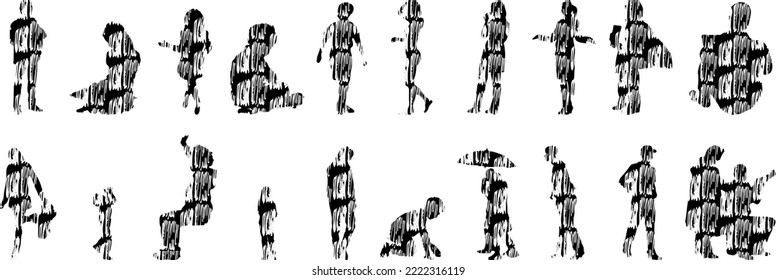 Vector silhouettes, Outline silhouettes of people, Contour drawing, people silhouette, Icon Set Isolated, Silhouette of sitting people, Architectural set	