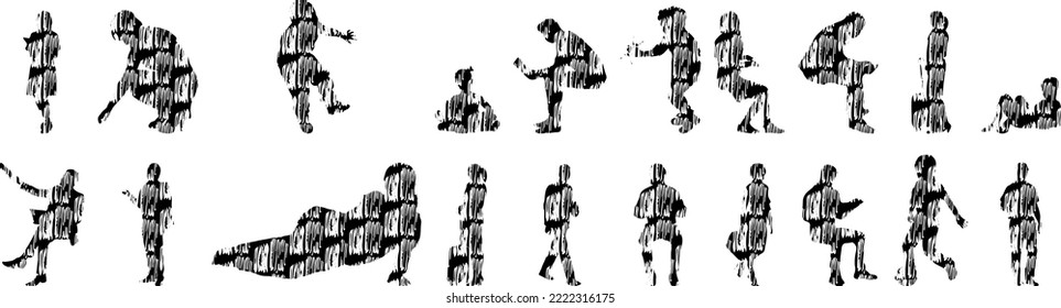 Vector silhouettes, Outline silhouettes of people, Contour drawing, people silhouette, Icon Set Isolated, Silhouette of sitting people, Architectural set	