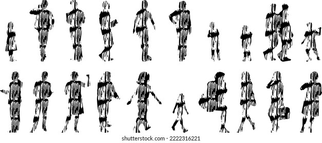 Vector silhouettes, Outline silhouettes of people, Contour drawing, people silhouette, Icon Set Isolated, Silhouette of sitting people, Architectural set	