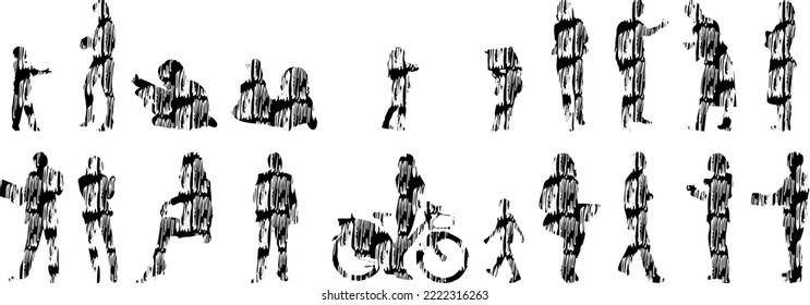 Vector silhouettes, Outline silhouettes of people, Contour drawing, people silhouette, Icon Set Isolated, Silhouette of sitting people, Architectural set	