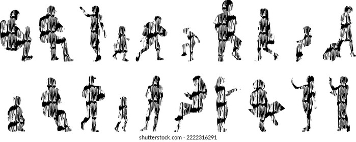 Vector silhouettes, Outline silhouettes of people, Contour drawing, people silhouette, Icon Set Isolated, Silhouette of sitting people, Architectural set	