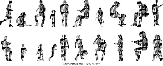 Vector silhouettes, Outline silhouettes of people, Contour drawing, people silhouette, Icon Set Isolated, Silhouette of sitting people, Architectural set	
