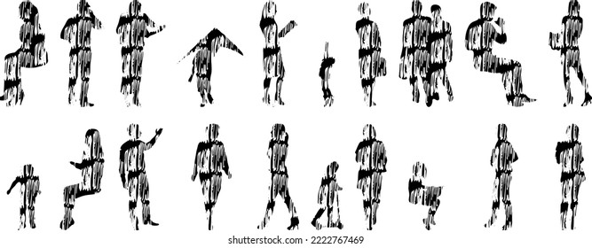 Vector silhouettes, Outline silhouettes of people, Contour drawing, people silhouette, Icon Set Isolated, Silhouette of sitting people, Architectural set	
