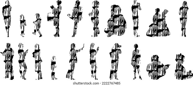 Vector silhouettes, Outline silhouettes of people, Contour drawing, people silhouette, Icon Set Isolated, Silhouette of sitting people, Architectural set	
