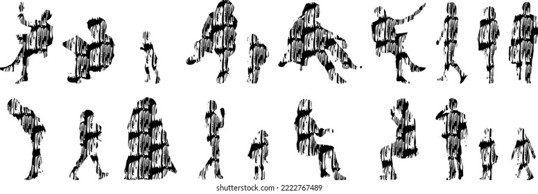Vektor-Silhouetten, Silhouetten-Linien, Konturzeichnungen, Silhouette-Leute, Symbolsatz isoliert, Silhouette sitzender Menschen, Architekturset	
