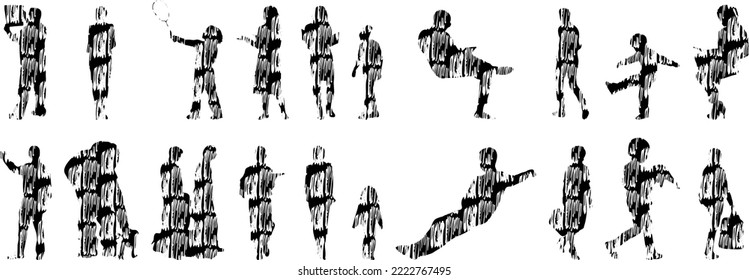 Vector silhouettes, Outline silhouettes of people, Contour drawing, people silhouette, Icon Set Isolated, Silhouette of sitting people, Architectural set	
