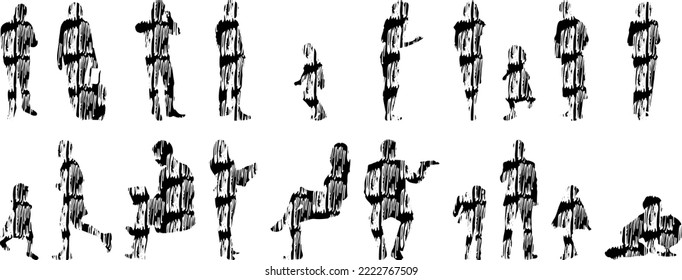 Vector silhouettes, Outline silhouettes of people, Contour drawing, people silhouette, Icon Set Isolated, Silhouette of sitting people, Architectural set	
