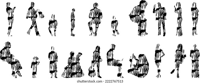 Vector silhouettes, Outline silhouettes of people, Contour drawing, people silhouette, Icon Set Isolated, Silhouette of sitting people, Architectural set	
