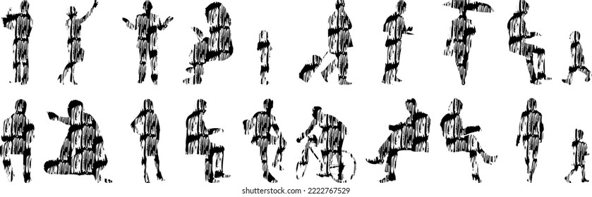 Vector silhouettes, Outline silhouettes of people, Contour drawing, people silhouette, Icon Set Isolated, Silhouette of sitting people, Architectural set	
