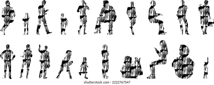 Vektor-Silhouetten, Silhouetten-Linien, Konturzeichnungen, Silhouette-Leute, Symbolsatz isoliert, Silhouette sitzender Menschen, Architekturset	
