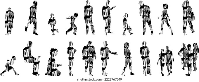 Siluetas vectoriales, Siluetas de contorno de personas, Dibujo de contorno, silueta de personas, Conjunto de iconos aislados, Silueta de personas sentadas, Conjunto arquitectónico	
