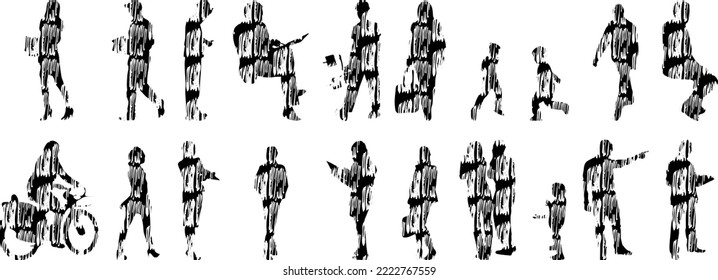 Vector silhouettes, Outline silhouettes of people, Contour drawing, people silhouette, Icon Set Isolated, Silhouette of sitting people, Architectural set	
