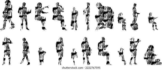 Siluetas vectoriales, Siluetas de contorno de personas, Dibujo de contorno, silueta de personas, Conjunto de iconos aislados, Silueta de personas sentadas, Conjunto arquitectónico	
