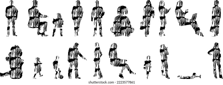 Vector silhouettes, Outline silhouettes of people, Contour drawing, people silhouette, Icon Set Isolated, Silhouette of sitting people, Architectural set	
