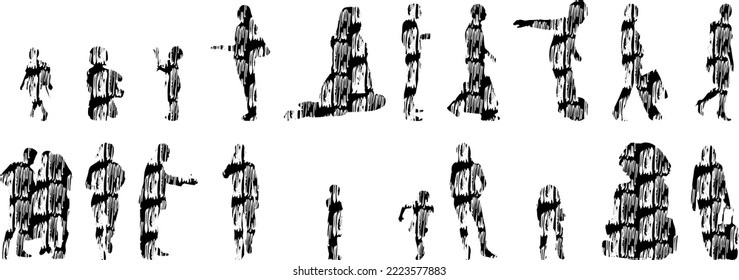 Vector silhouettes, Outline silhouettes of people, Contour drawing, people silhouette, Icon Set Isolated, Silhouette of sitting people, Architectural set	
