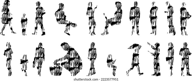 Vector silhouettes, Outline silhouettes of people, Contour drawing, people silhouette, Icon Set Isolated, Silhouette of sitting people, Architectural set	
