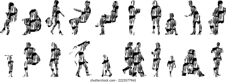 Vector silhouettes, Outline silhouettes of people, Contour drawing, people silhouette, Icon Set Isolated, Silhouette of sitting people, Architectural set	

