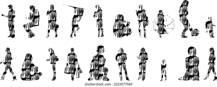 Vector silhouettes, Outline silhouettes of people, Contour drawing, people silhouette, Icon Set Isolated, Silhouette of sitting people, Architectural set	
