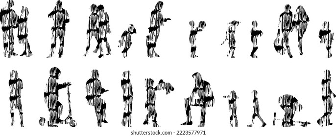 Vector silhouettes, Outline silhouettes of people, Contour drawing, people silhouette, Icon Set Isolated, Silhouette of sitting people, Architectural set	
