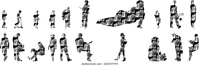 Vector silhouettes, Outline silhouettes of people, Contour drawing, people silhouette, Icon Set Isolated, Silhouette of sitting people, Architectural set	
