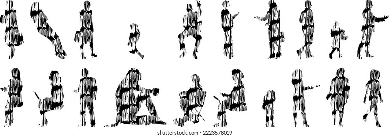 Vector silhouettes, Outline silhouettes of people, Contour drawing, people silhouette, Icon Set Isolated, Silhouette of sitting people, Architectural set	
