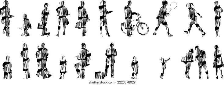 Vector silhouettes, Outline silhouettes of people, Contour drawing, people silhouette, Icon Set Isolated, Silhouette of sitting people, Architectural set	
