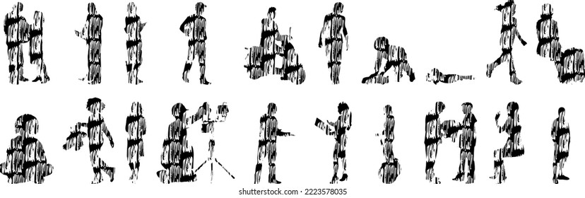 Vector silhouettes, Outline silhouettes of people, Contour drawing, people silhouette, Icon Set Isolated, Silhouette of sitting people, Architectural set	
