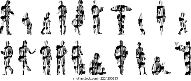 Vector silhouettes, Outline silhouettes of people, Contour drawing, people silhouette, Icon Set Isolated, Silhouette of sitting people, Architectural set	
