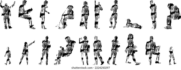 Vector silhouettes, Outline silhouettes of people, Contour drawing, people silhouette, Icon Set Isolated, Silhouette of sitting people, Architectural set	
