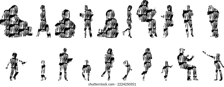 Vector silhouettes, Outline silhouettes of people, Contour drawing, people silhouette, Icon Set Isolated, Silhouette of sitting people, Architectural set	
