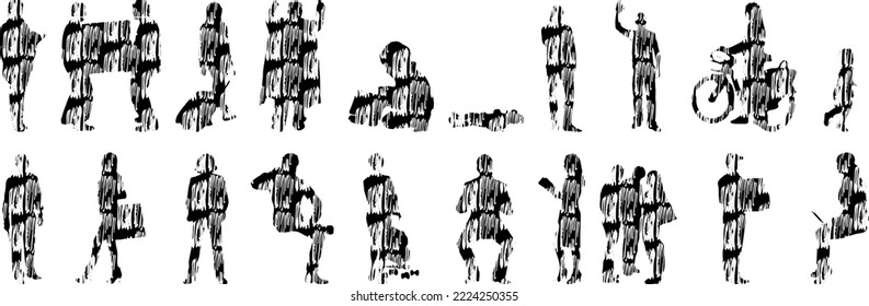 Vector silhouettes, Outline silhouettes of people, Contour drawing, people silhouette, Icon Set Isolated, Silhouette of sitting people, Architectural set	
