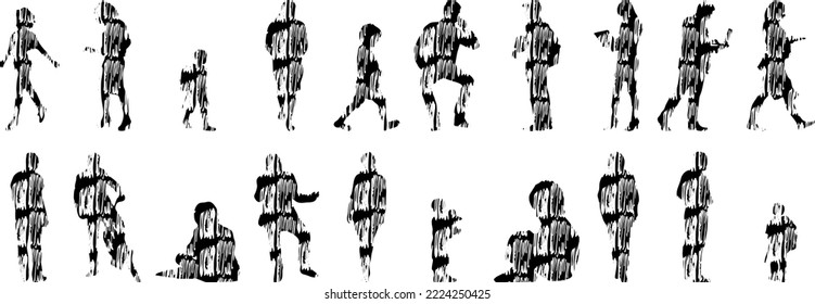 Vector silhouettes, Outline silhouettes of people, Contour drawing, people silhouette, Icon Set Isolated, Silhouette of sitting people, Architectural set	
