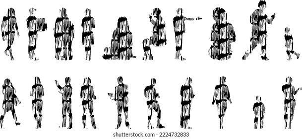 Vector silhouettes, Outline silhouettes of people, Contour drawing, people silhouette, Icon Set Isolated, Silhouette of sitting people, Architectural set	