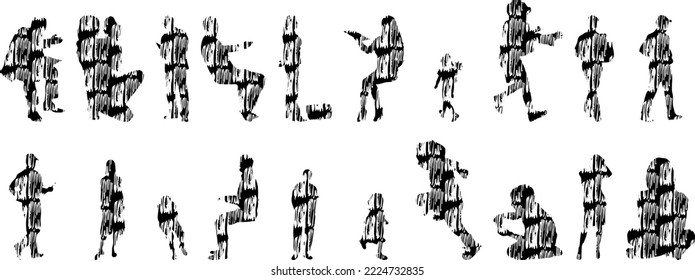 Vector silhouettes, Outline silhouettes of people, Contour drawing, people silhouette, Icon Set Isolated, Silhouette of sitting people, Architectural set	