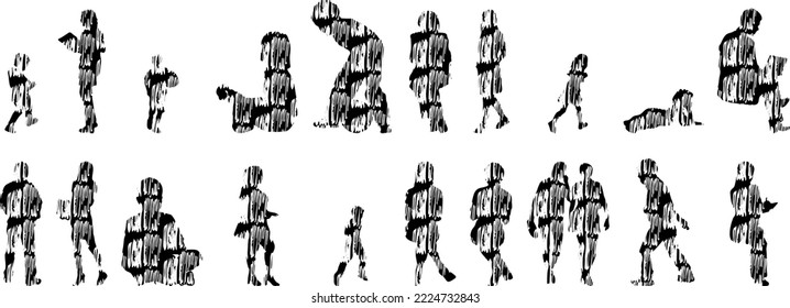 Vector silhouettes, Outline silhouettes of people, Contour drawing, people silhouette, Icon Set Isolated, Silhouette of sitting people, Architectural set	