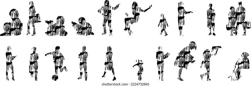 Vector silhouettes, Outline silhouettes of people, Contour drawing, people silhouette, Icon Set Isolated, Silhouette of sitting people, Architectural set	