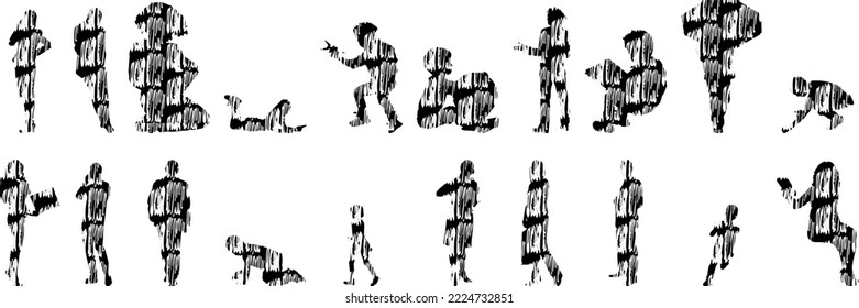 Vector silhouettes, Outline silhouettes of people, Contour drawing, people silhouette, Icon Set Isolated, Silhouette of sitting people, Architectural set	