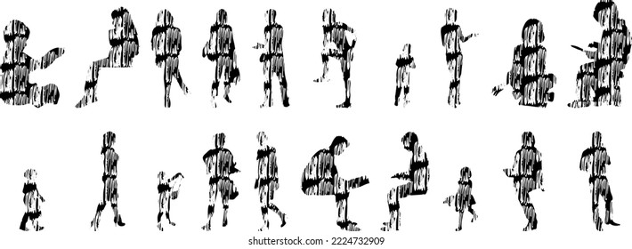 Vector silhouettes, Outline silhouettes of people, Contour drawing, people silhouette, Icon Set Isolated, Silhouette of sitting people, Architectural set	